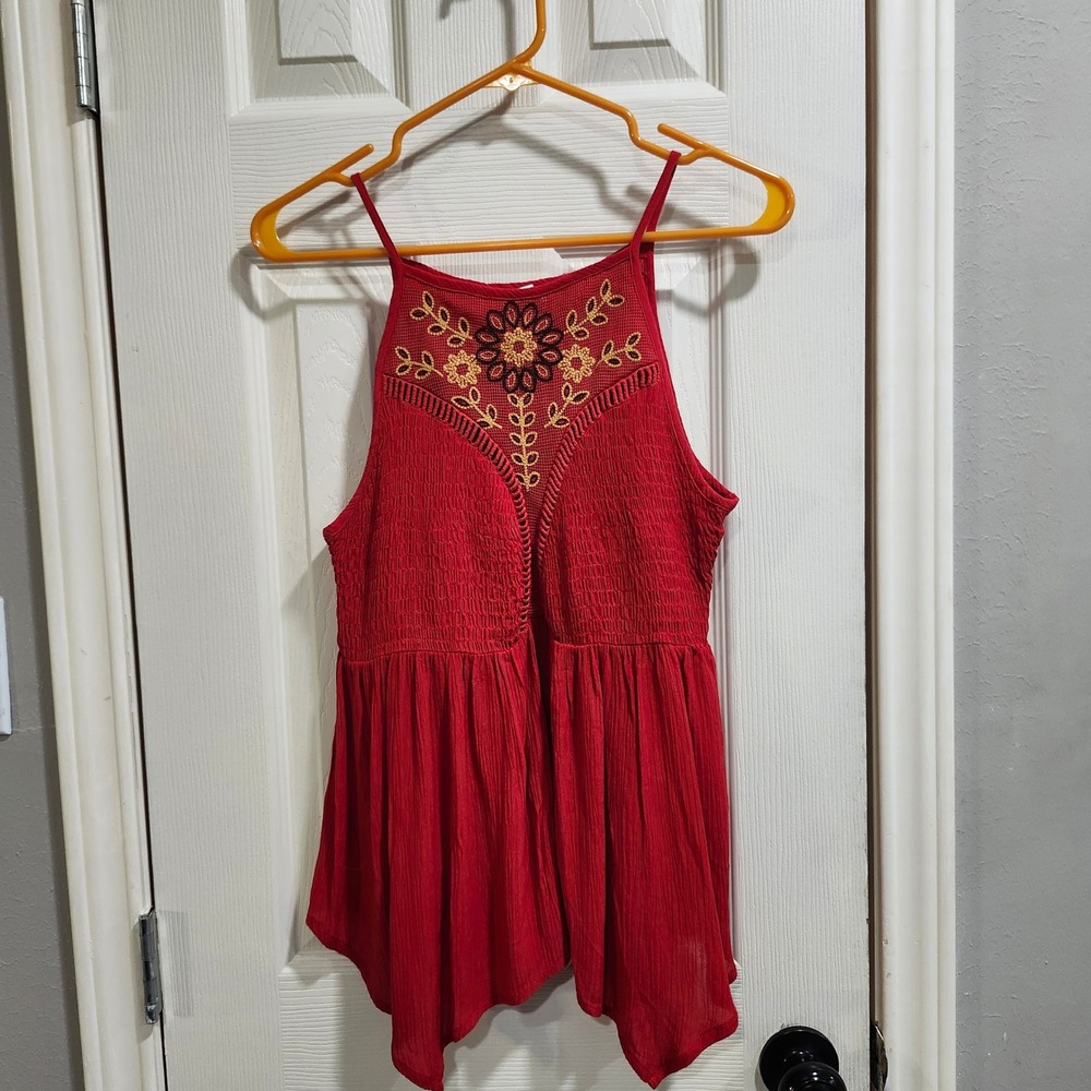 C+J Collection Red Embroidered Smocked Halter Cami Top Boho Peplum CW1414-G67 L